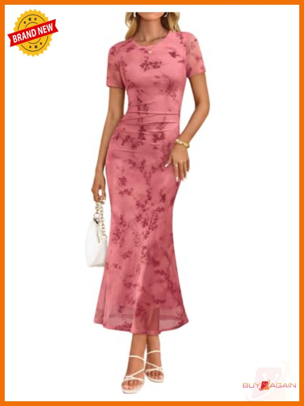 Women Floral Mesh Bodycon Maxi Dress Short Sleeve Formal Cocktail